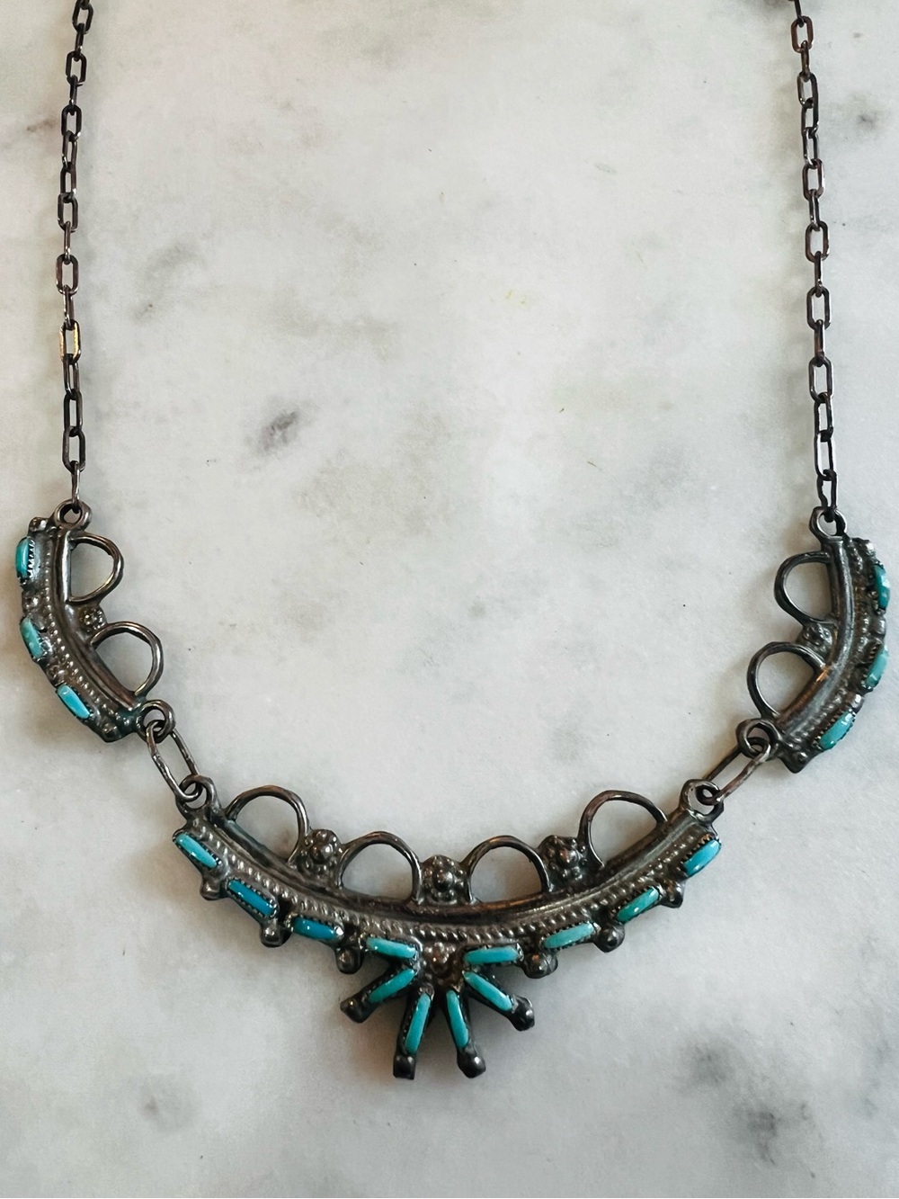 Vintage ZUNI Nm H.V.Y. Sterling Silver Turquoise Petit Point Necklace 16” 13g